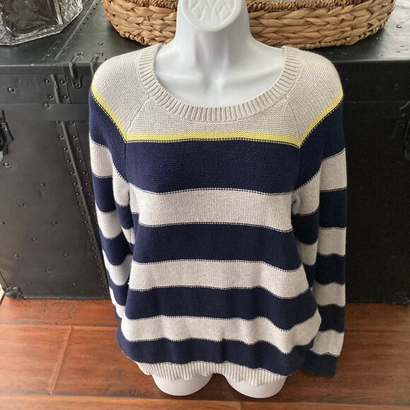 Merona Navy Gray Yellow Stripe  Long Sleeve Pullover Sweater Large - Picture 1 of 10